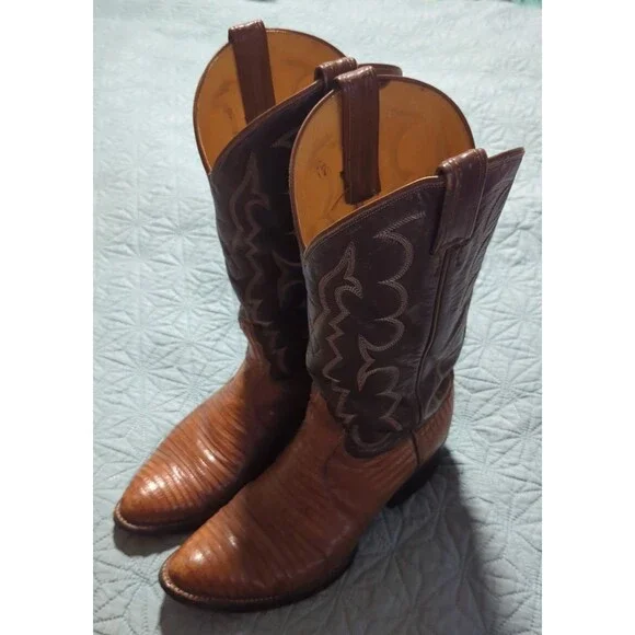 Vintage TONY LAMA Teju Lizard Leather Cowboy Boots Two Tone Men's 8 D USA 8005 - Picture 2 of 14